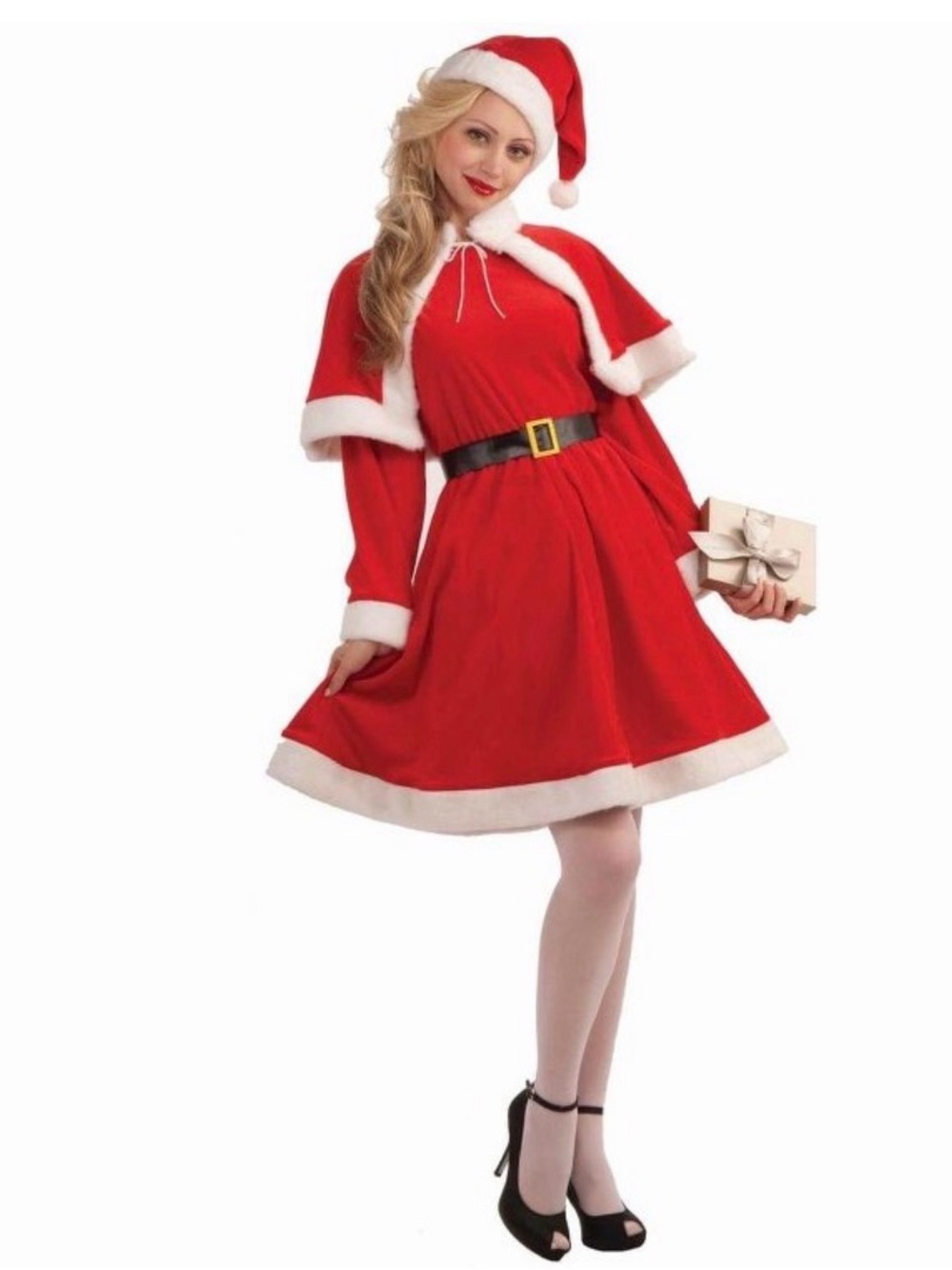 NEW Women's Red Santa Dress Costume Matching Hat Capelet & Belt 1 SIZE FITS MOST